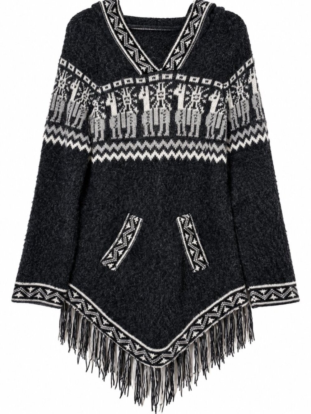 Black Grey Peruvian Boho Fair Isle Llama Hooded Fringe Poncho Sweater